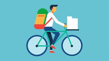 Sustainable Transportation A showing an analyst commuting to work on a bicycle with a backpack filled with documents related to carbon reduction assessments.. vector