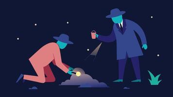Search for Clues An illustration of two investigators looking for clues in the surrounding area with one holding a flashlight and the other examining the ground near the covered. vector