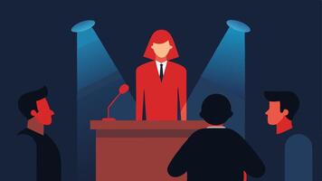 Subdued Lighting The courtroom is depicted with subdued lighting creating a somber atmosphere as the victim shares their impact statement.. vector