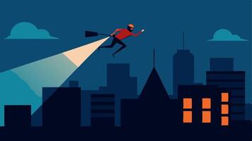 Urban Rooftops A figure dashing across rooftops partially illuminated by the helicopters light with the cityscape sprawling below.. vector