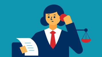 Telephone Call The lawyer is depicted on a phone call discussing elements of the case with the client nearby looking pensive and holding a paper.. vector