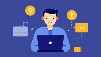 Troubleshooting An administrator with a thoughtful expression is solving a problem shown with a laptop and various error messages on the screen related to blockchain protocols.. vector