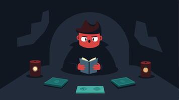 Underground Hideout In a dim underground lair a character examines several fake passports laid out on a table planning their next move.. vector