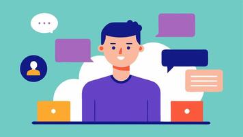 Call Instruction A facilitator in a casual setting engaging with students through a call with speech bubbles showing questions and answers.. vector