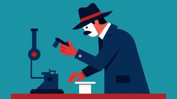 Sample Preparation The detective is seen preparing a slide with evidence carefully placing a sample with tweezers before stepping back to look into the microscope.. vector