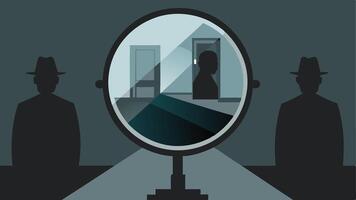 TwoWay Mirror Focus A closeup view of the twoway mirror reflecting the silhouettes of investigators while revealing an empty interrogation space.. vector