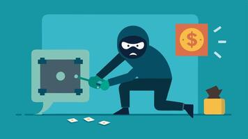 Safe Cracking A robber is depicted with tools working on cracking a combination safe surrounded by tered money and a floor map of the bank.. vector