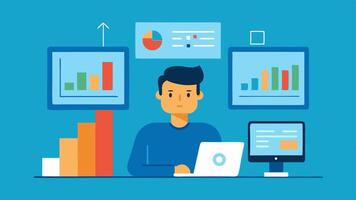 Website Analytics An illustration of a consultant looking at website analytics on multiple monitors with graphs user stats and conversion rates depicted.. vector