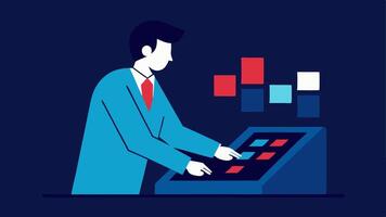 Trade Exeion A trader in a corporate setting pressing a button on a trading platform to exee a buy or sell order looking determined.. vector