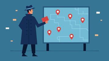 Surveillance Map The detective beside a large printed map with marked locations corresponding to the timestamps seen in the CCTV footage.. vector