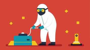Using a Vacuum Sealer A worker operating a vacuum sealer to safely contain evidence while wearing a mask and goggles with evidence markers visible on the ground.. vector