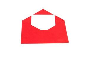 Red envelope with a white sheet of paper on a white background photo