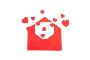Red envelope with a white sheet of paper and red hearts on a white background. Valentine's day greeting card. photo