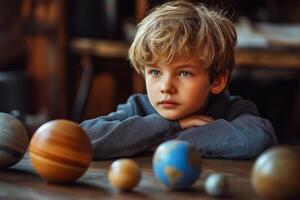 Pupils at school study models of poanets in science class. World Space Day. photo