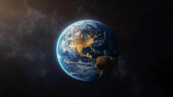 Planet Earth view from space with city lights. Technology, global communication, world connections. World Space Week. photo