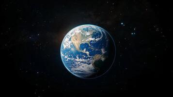 Planet Earth view from space with city lights. Technology, global communication, world connections. World Space Week. photo