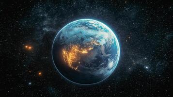 Planet Earth view from space with city lights. Technology, global communication, world connections. World Space Week. photo
