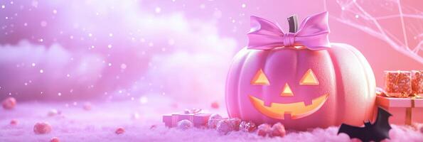 banner with coquette cute girly pink halloween pumpkin with a bow 3d style. photo