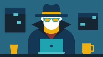 Undercover Operation An illustration of a plainclothes detective disguised as a hacker blending in at a coffee shop while monitoring the suspect.. vector