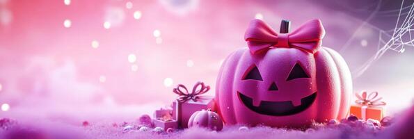 banner with coquette cute girly pink halloween pumpkin with a bow 3d style. photo