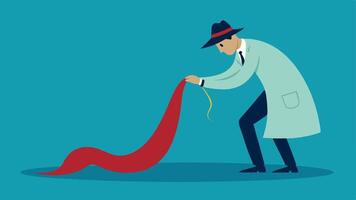 Tweezers in Action Depict an investigator using a pair of tweezers to carefully pick up a long strand of hair from a piece of fabric on the ground.. vector
