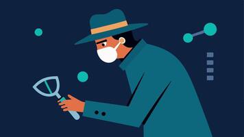 Scanning for DNA Evidence A detective using a handheld scanner to collect DNA evidence from a surface wearing gloves and showing focus on the task.. vector
