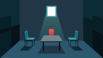 Silent Room Setting A small dimly lit interrogation room with a table and two chairs. The background features a oneway mirror to suggest observation.. vector