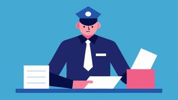 Searching for Documents An illustration of an officer sifting through papers on a desk finding a suious document.. vector