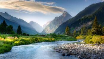 A river runs through a valley surrounded by mountains photo