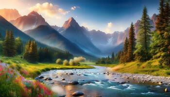 A river flows through a mountain valley with flowers photo