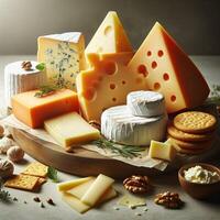 Cheese and crackers on a wooden board photo