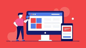 Responsive Design A sidebyside comparison of a website design on a desktop and a mobile device with a designer adjusting elements on the screen.. vector