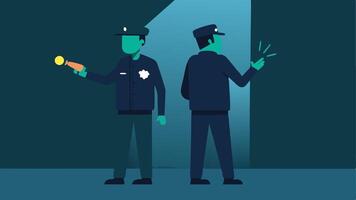 Team Communication Two officers discuss their findings while one holds a flashlight the light illuminating their faces and a nearby wall marked with graffiti.. vector