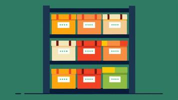 Shelving Unit A tall shelving unit filled with various evidence boxes each clearly labeled with identification tags showing a range of sizes and colors.. vector