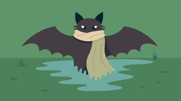 Scarf Tied to a Baton A bat wrapped in a frayed scarf lying hidden beside a narrow waterlogged ditch with reflections of surrounding greenery..