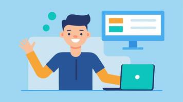 User Onboarding A support spet welcoming new users to the elearning platform guiding them through the onboarding process with inviting gestures and a warm smile.. vector