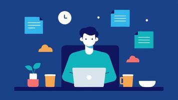 Virtual Conference Setup An individual seated at a desk with a laptop open showing a grid of participants on the screen surrounded by pieces of paper and a cup of coffee.. vector