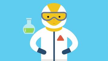 Safety Gear A cartoon of a lab worker in full safety gear including goggles gloves and a lab coat holding a flask with a caution label.. vector