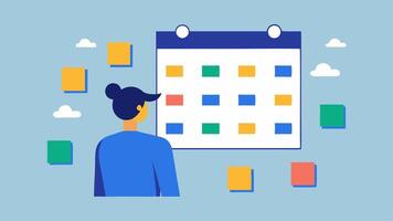 Virtual Event Planning An individual surrounded by digital sticky notes and a calendar on a wall planning and organizing the details of an upcoming event.. vector