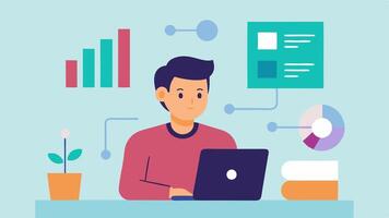 Training AI Systems A technical spet reviewing data on a laptop with charts and a flowchart illustrating the process of training an AI model for customer support.. vector