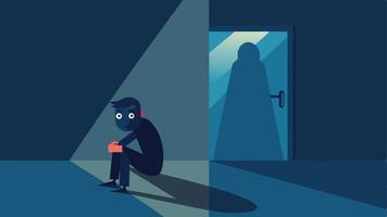 The Hostage The scene captures a frightened hostage in a corner of a room stained with sunlight while the negotiators voice can be heard through a crack in the door.. vector