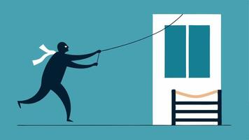 Throwing a Rope A prisoner throwing a rope made from torn bed sheets out of the window with one end tied to the bed frame for climbing.. vector