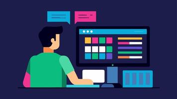 Visual Graphics A technician creating and overlaying graphics on a live stream using specialized software with color swatches and design templates visible on the monitor.. vector