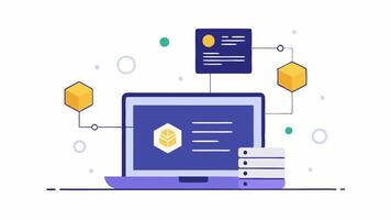 Smart Contract Deployment An admin seen coding on a laptop with an overlay of code snippets and blockchain transaction confirmations in the background.. vector