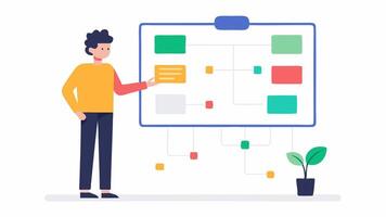 Voice Command Flowchart A designer standing next to a large whiteboard filled with colorful flowcharts illustrating the voice command process for a smart device.. vector