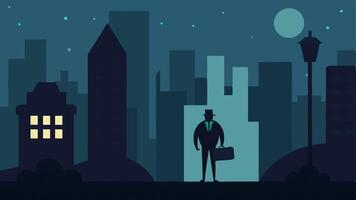 Urban Background A scene set against a cityscape silhouette at night with streetlights casting a glow as a figure exchanges the briefcase in a dark corner.. vector