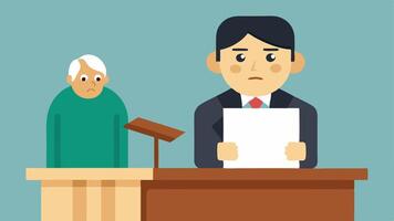 Witness on the Stand The witness sits at a wooden podium looking slightly nervous glancing at the lawyer while holding a pen with papers tered in front of them.. vector