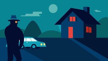 Suspect Movement A shadowy figure moving in front of the suspects house with the detective watching closely using binoculars from inside the car.. vector