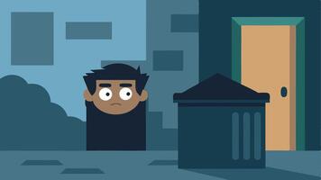 Side Street Encounter The suspect hiding momentarily behind a dumpster in a side street glancing nervously to see if the police are still in pursuit.. vector