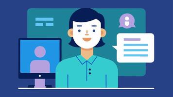 Virtual Assistant Persona An illustration of a voiceover artist in front of a screen displaying a friendly virtual assistant avatar indicating voice development for AI. vector